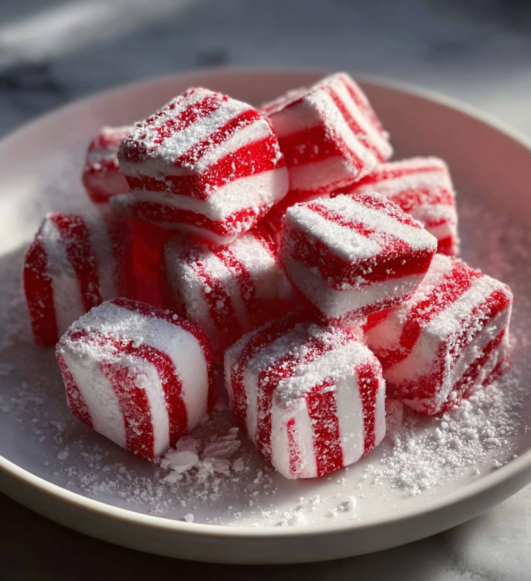 A plate of red and white striped candy.