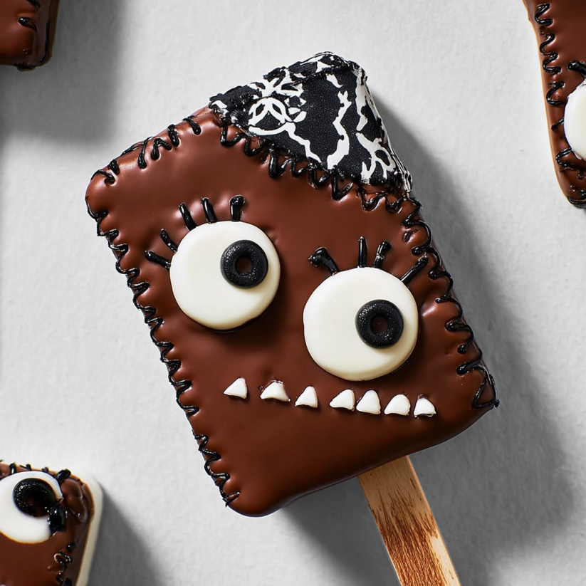 A chocolate dessert with a face made of marshmallows.