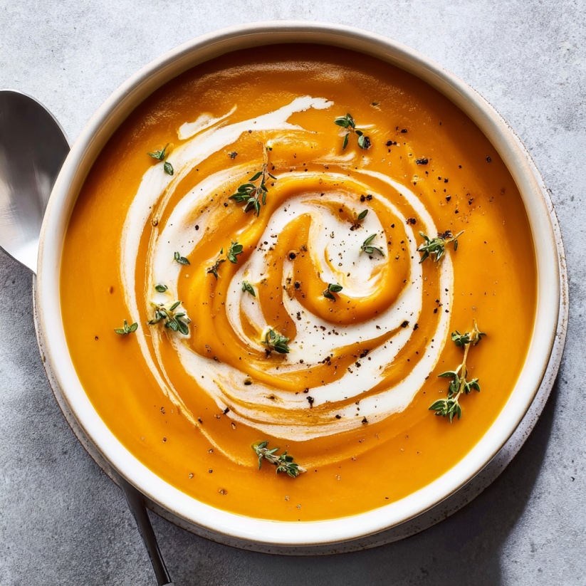 A bowl of butternut squash soup with a spoon in it.