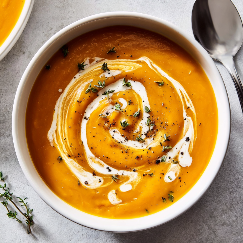 A bowl of soup with a spoon in it.