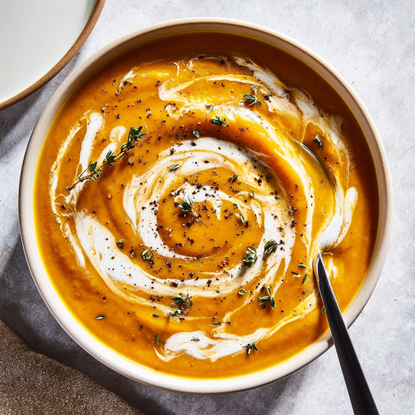 A bowl of soup with a spoon in it.