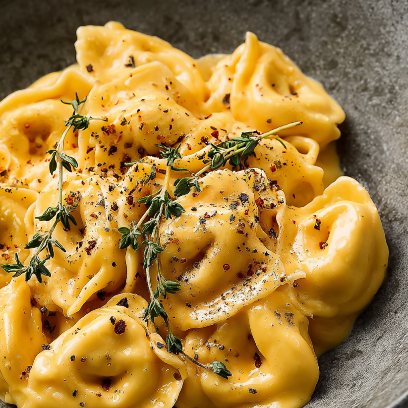A bowl of pasta with herbs on top.