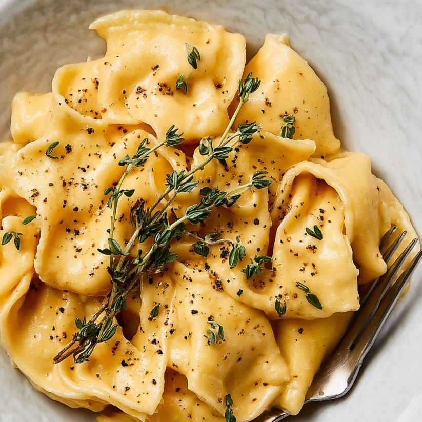 A bowl of pasta with herbs on top.