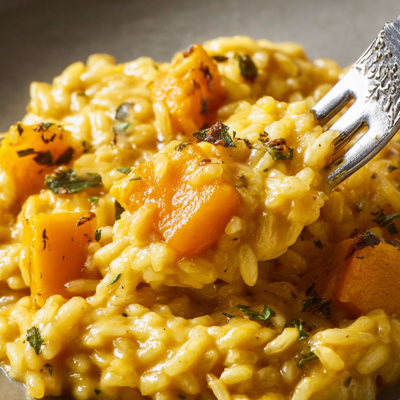 A fork is being used to eat a creamy butternut squash orzo.