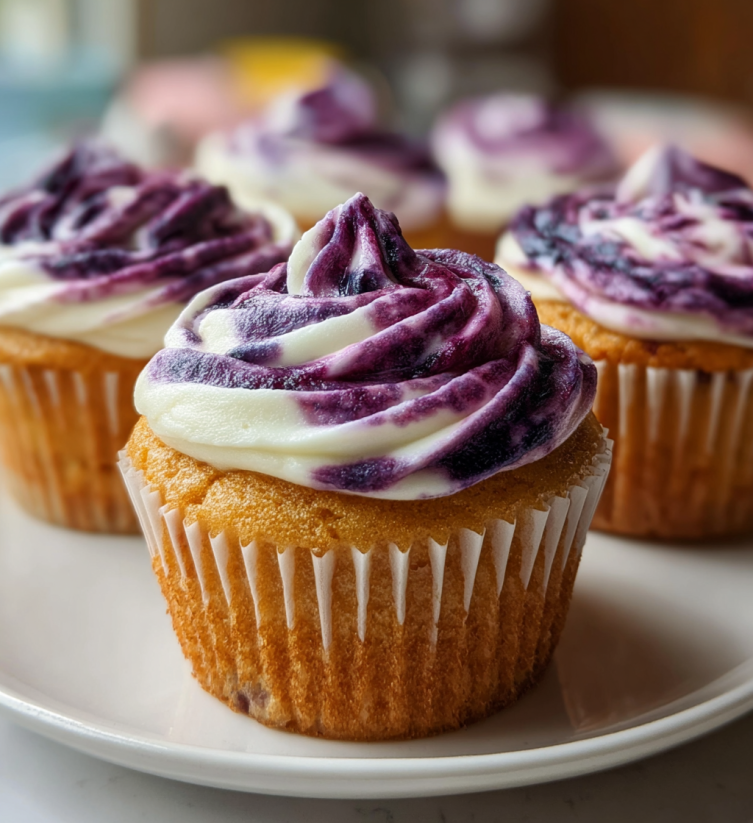A plate with three cupcakes on it.