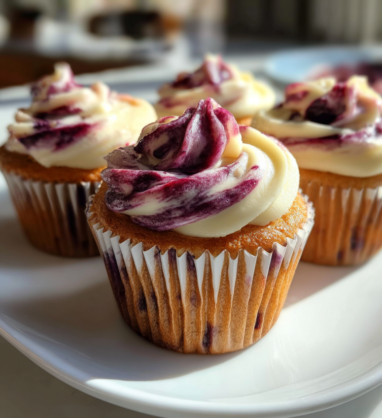 Three cupcakes with white frosting and blueberries.