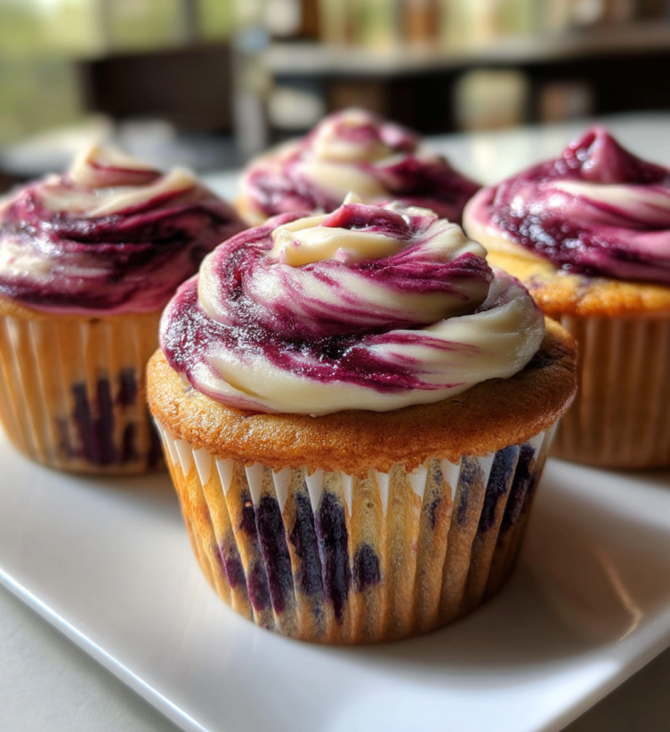 Three cupcakes with purple frosting and white swirls.
