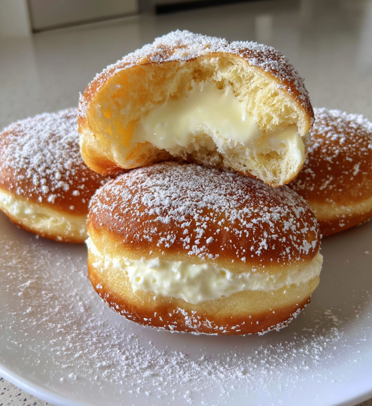 A plate of doughnuts with powdered sugar on top.