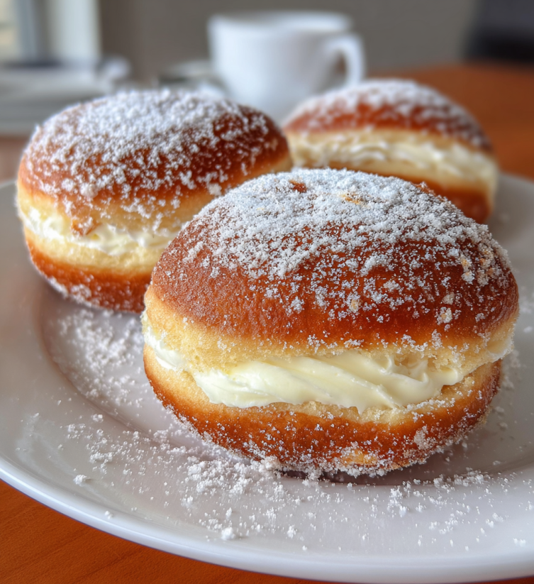 Three donuts with powdered sugar on a plate.
