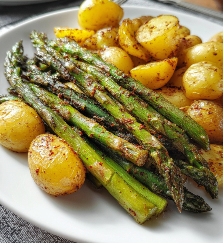 A plate of food with potatoes, asparagus, and other vegetables.