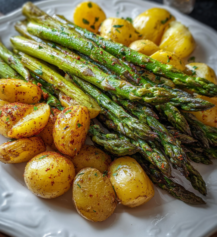 A plate of food with potatoes, asparagus, and green beans.