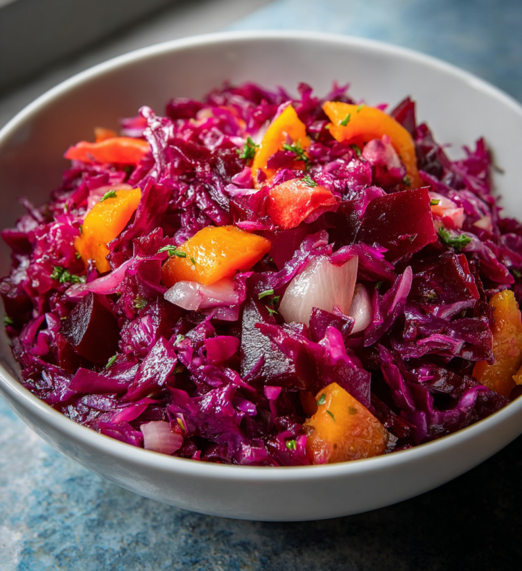 A bowl of beets and other vegetables.