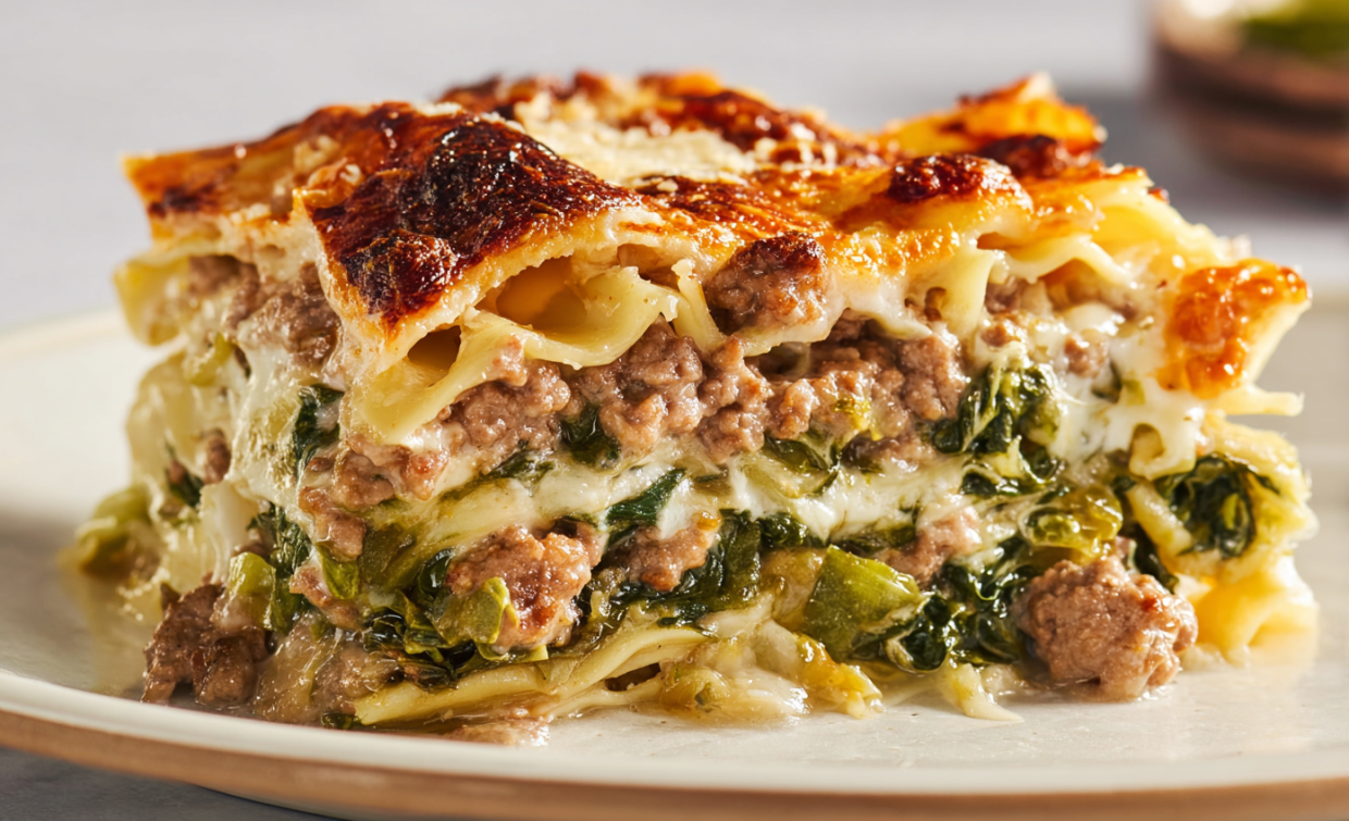 A slice of broccoli rabe and Italian sausage lasagna.