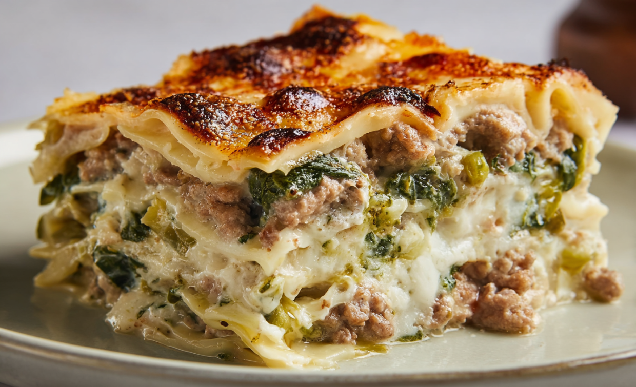A slice of lasagna on a plate.