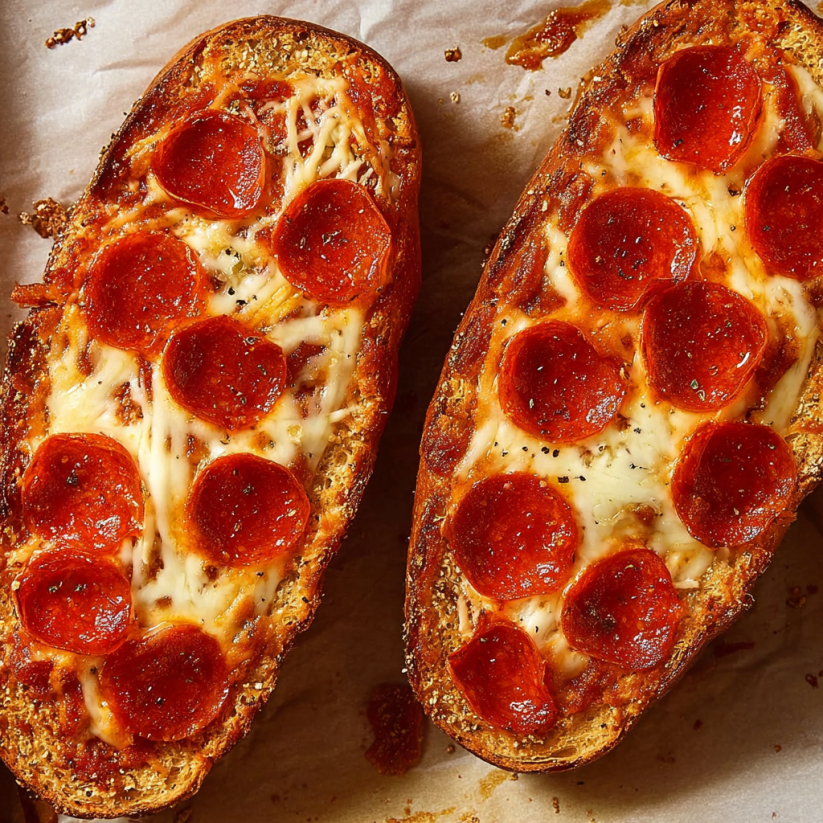 Two slices of French bread pizza.