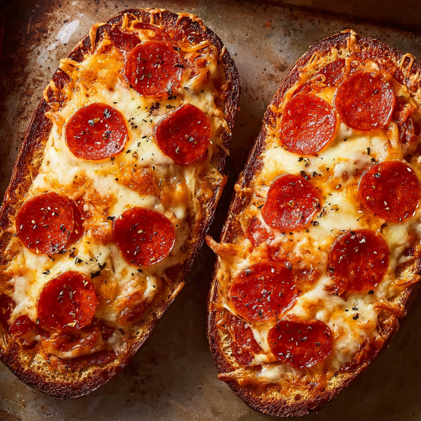 Two pepperoni pizza breads on a tray.