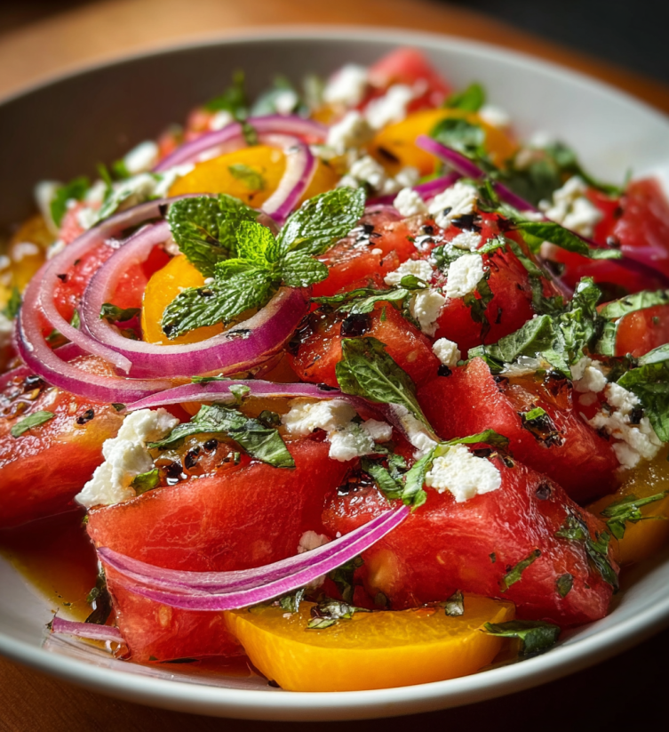 A bowl of watermelon salad with feta cheese and mint.