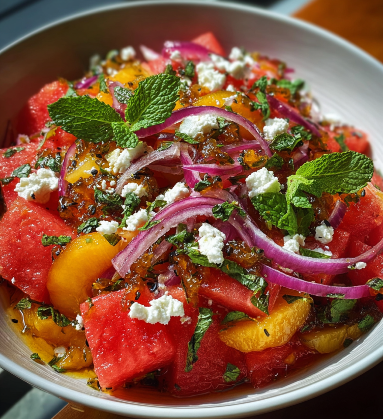 A bowl of watermelon salad with feta cheese, onions, and mint.