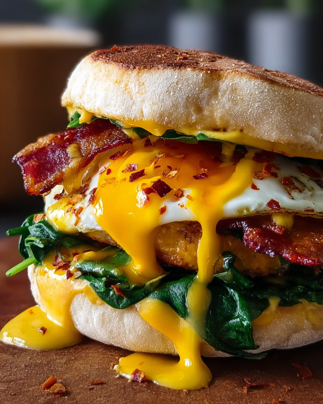 A breakfast sandwich with bacon, egg, and cheese.