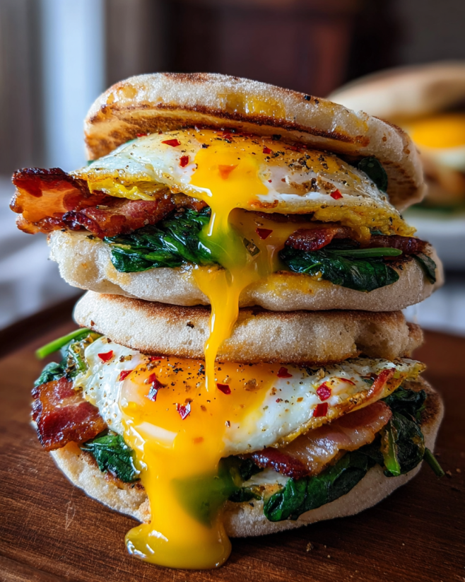 A stack of sandwiches with bacon, egg, and spinach.