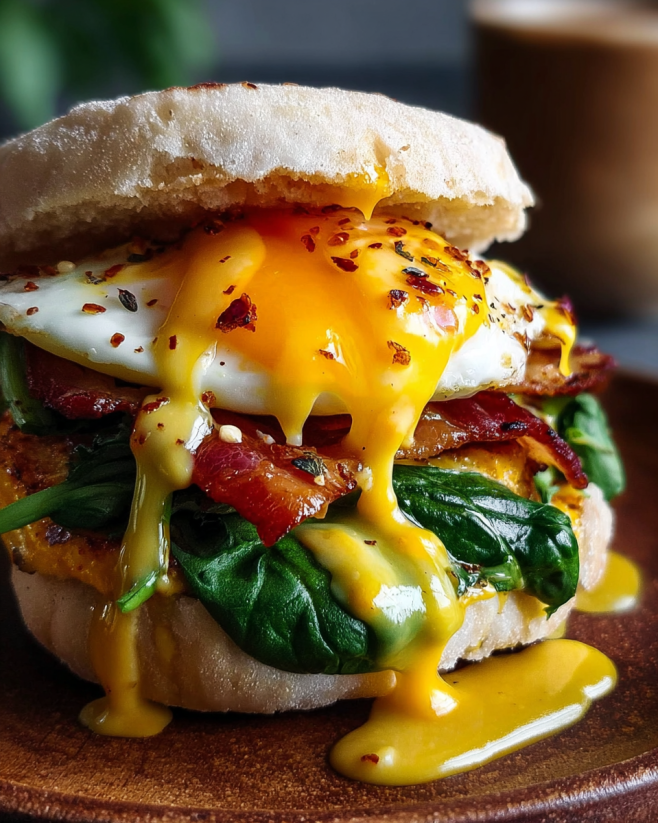 A sandwich with egg, bacon, and cheese.