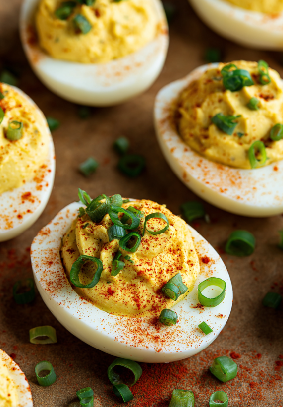 A plate of eggs with red peppers on top.