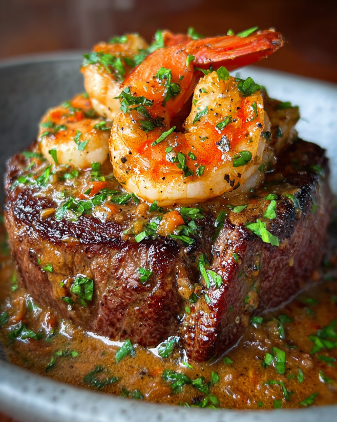 A close up of a piece of meat with shrimp on top.