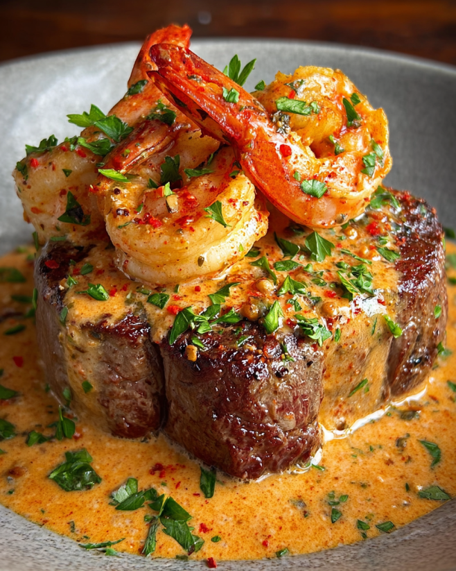A plate of food with shrimp and sauce.