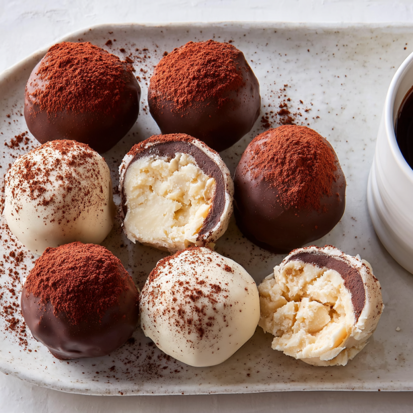 A plate of chocolate and white truffles.