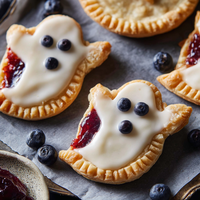 A plate of ghost cookies with blueberries.