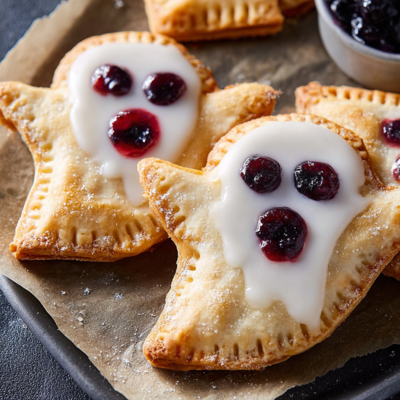 A plate of food with two ghost shaped cookies.