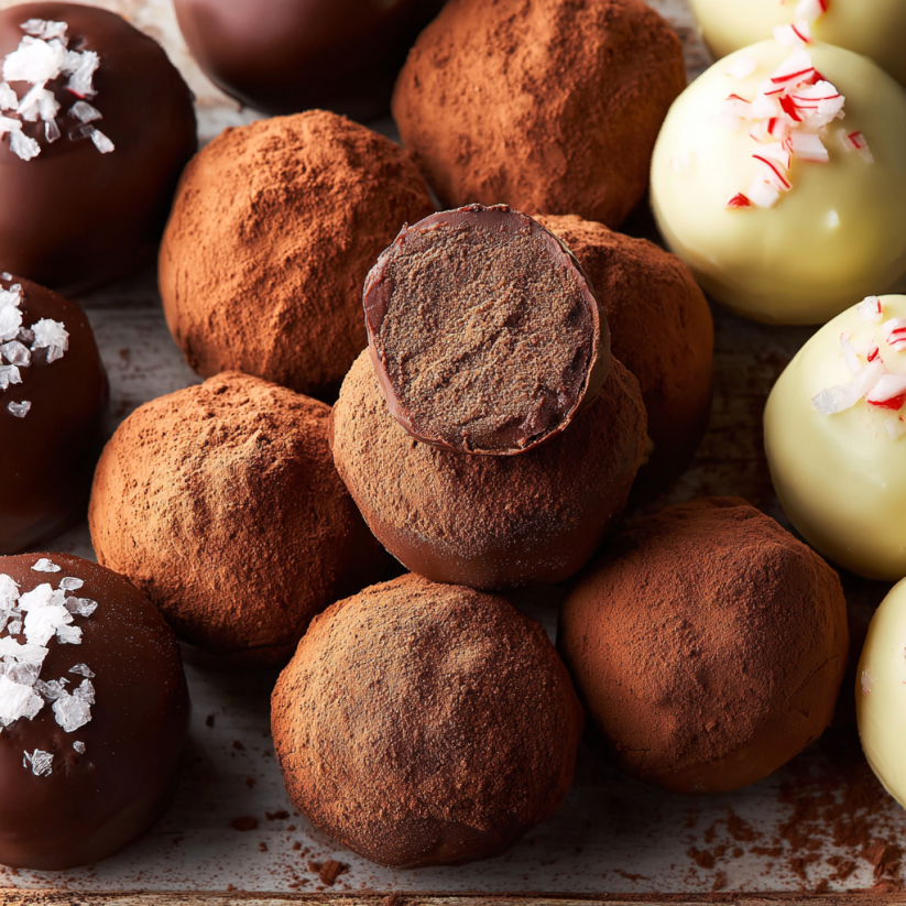A plate of chocolate truffles.
