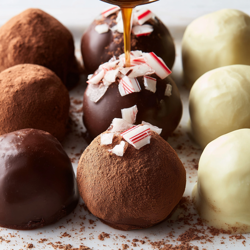 Chocolate truffles with white icing and red stripes.