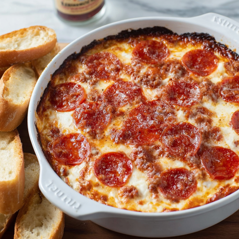 A bowl of pizza dip with pepperoni and cheese.