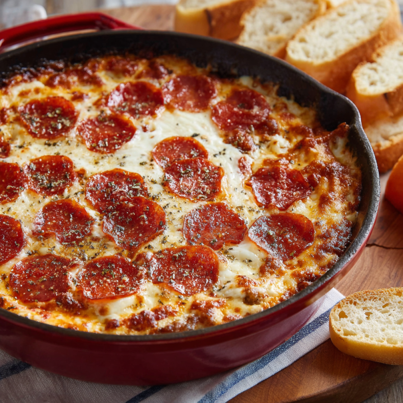 A pan of pepperoni and cheese with a loaf of bread.