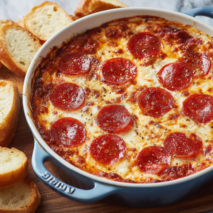 A bowl of pepperoni and cheese with bread on the side.