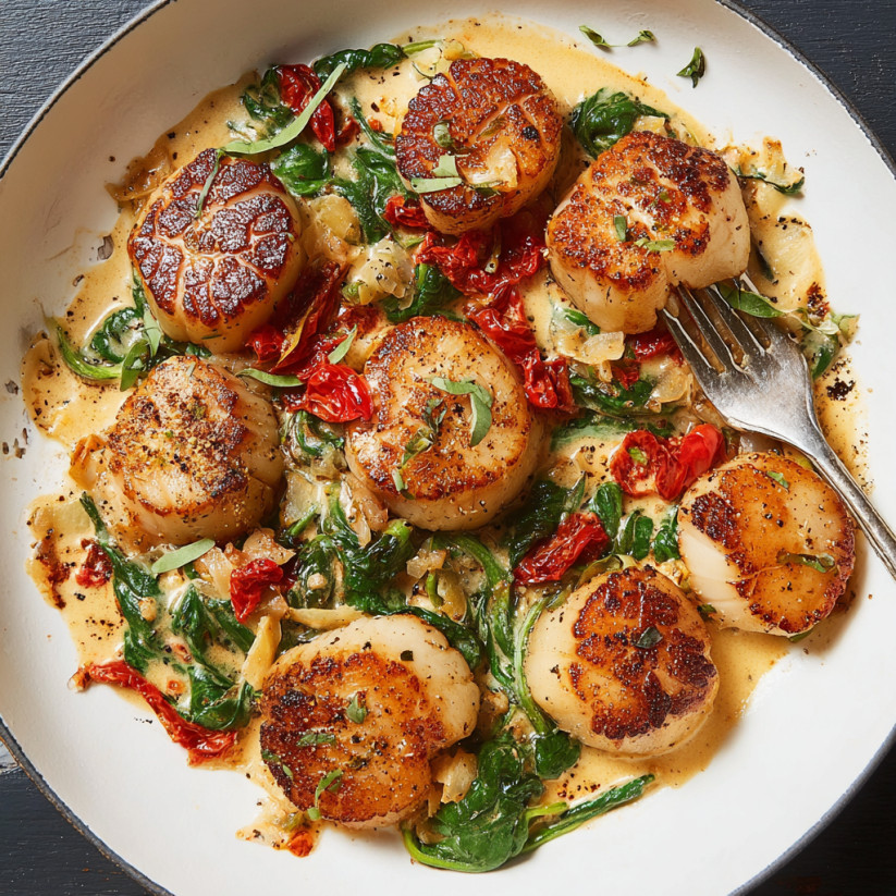 A plate of food with scallops and vegetables.