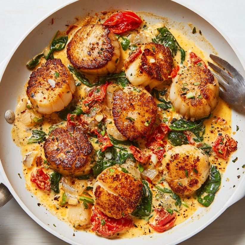 A pan of scallops and vegetables.