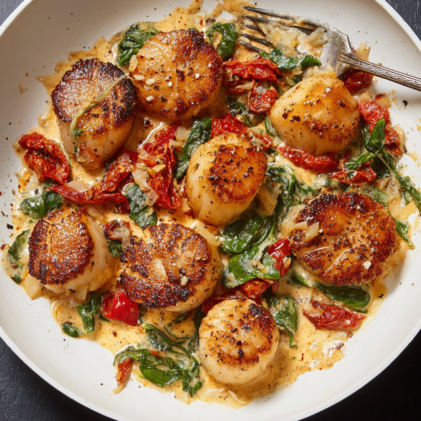 A plate of scallops with sauce.