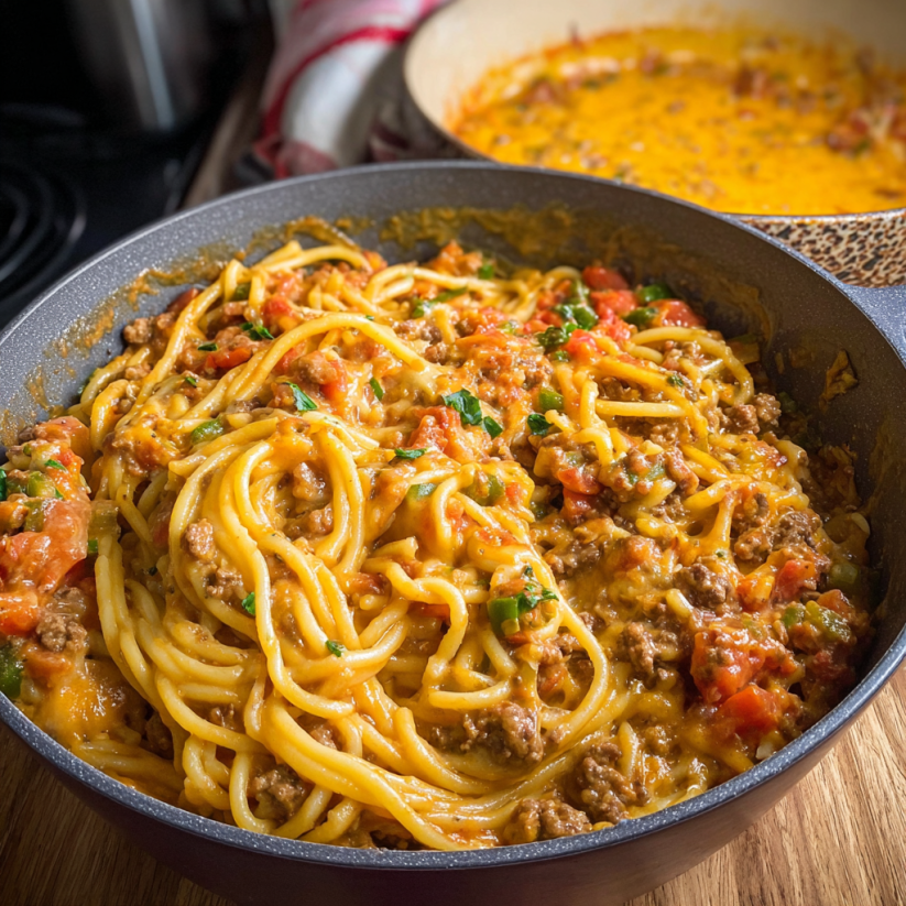 A pan of spaghetti with meat sauce.