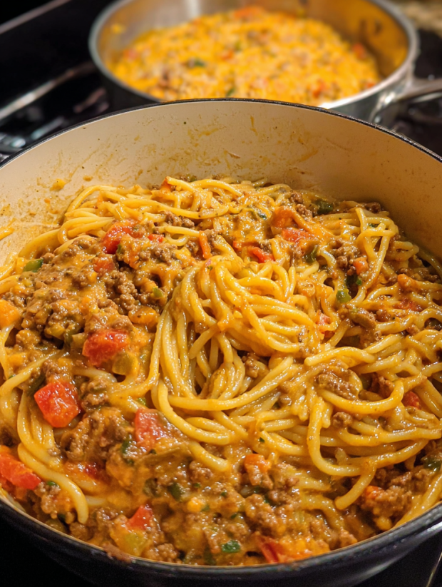 A pot of spaghetti with meat and vegetables.