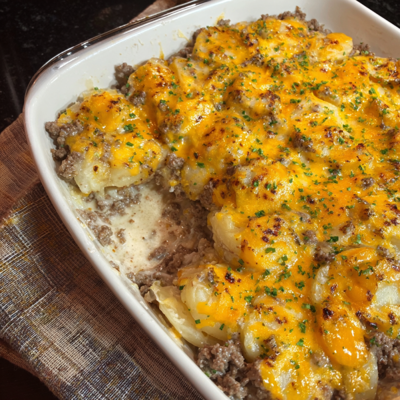 A white bowl filled with a hamburger potato casserole.