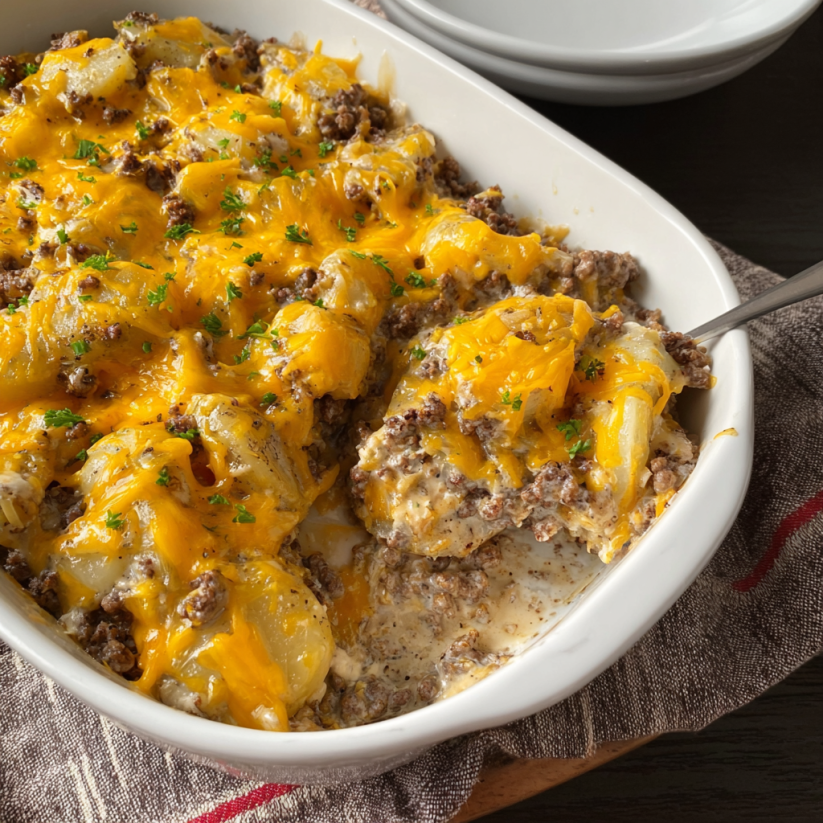 A white bowl filled with a hamburger potato casserole.