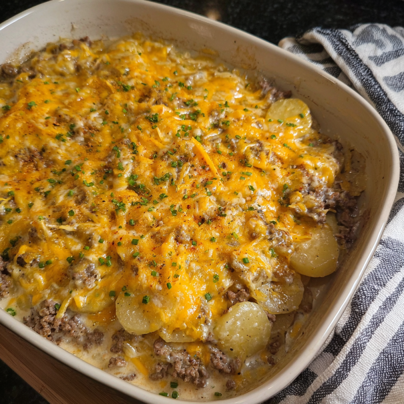 A casserole with potatoes and meat.