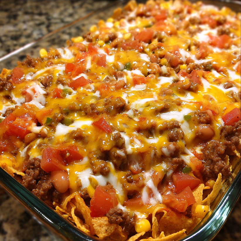 A casserole dish filled with a variety of ingredients.