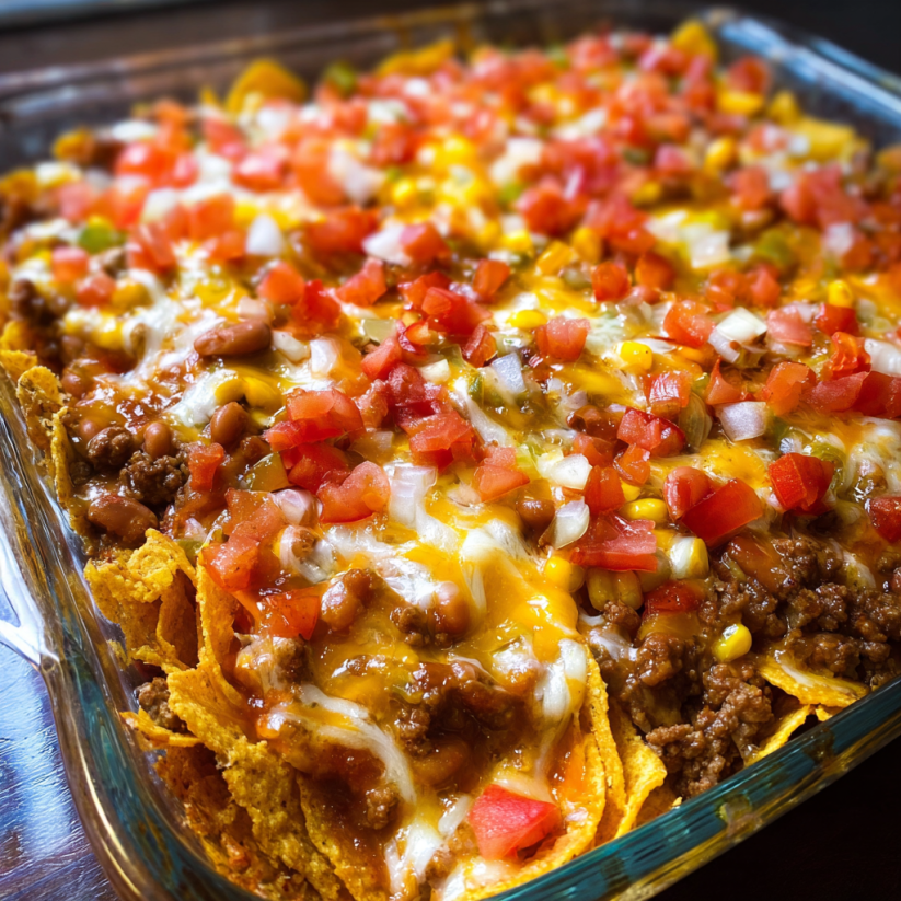A dish of nachos with cheese and tomatoes.
