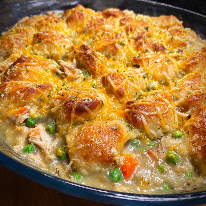 A close up of a baked chicken pot pie.