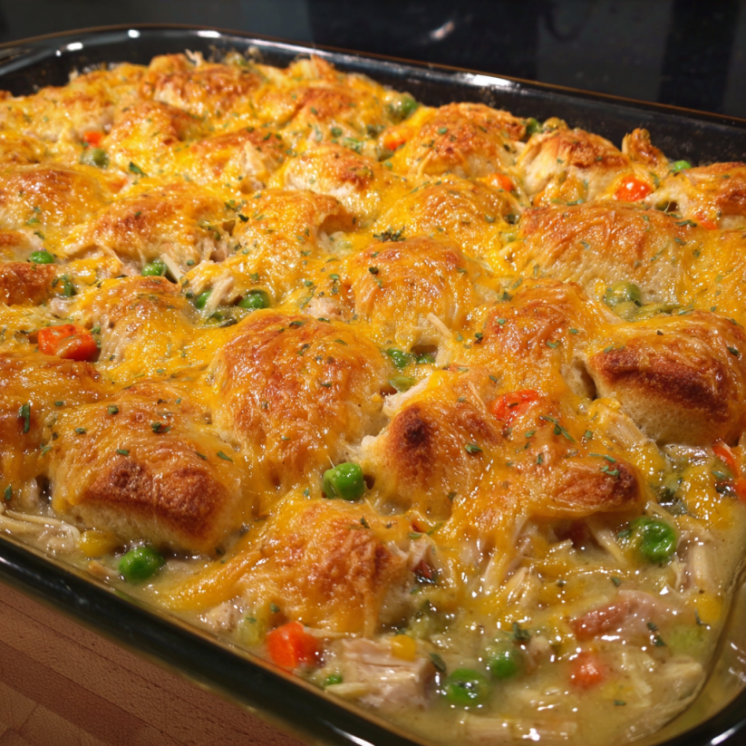 A pan of food with a golden brown crust.