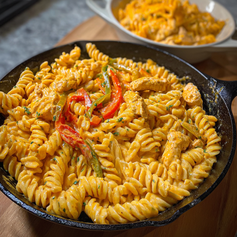 A pan of chicken fajita pasta.