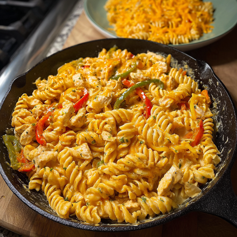 A pan of pasta with chicken and peppers.